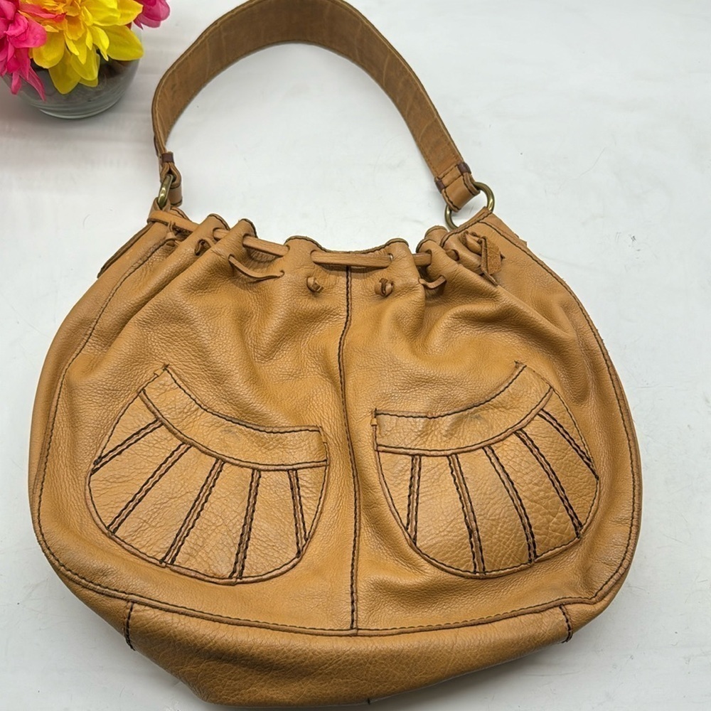 Lucky Brand Tan Leather Cinch Bag with Gorgeous Floral Blue Lining BRN4938